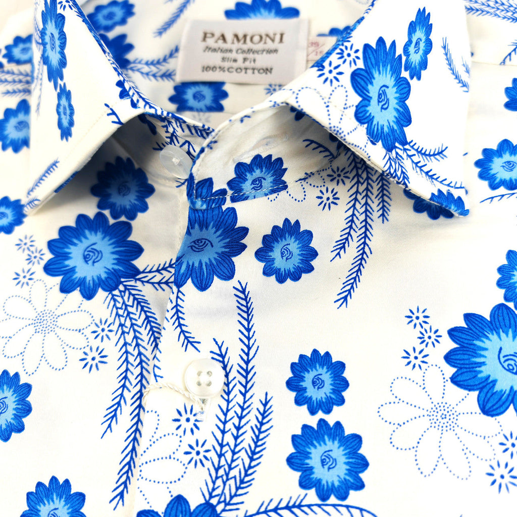 VEDA White & Blue Floral Short-Sleeve Shirt